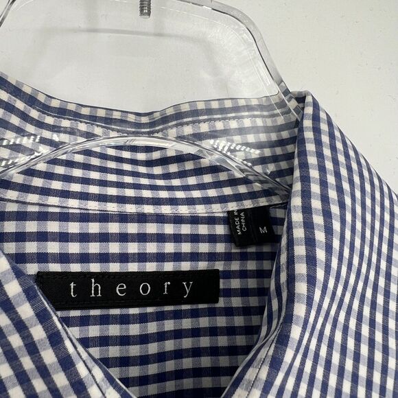 Theory Shirt Mens M Button Down Checkered Plaid Blue White Work Career Collared - Picture 4 of 5